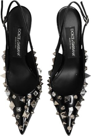 Dolce & Gabbana Womens Black Studded Leather Heels Slingbacks Shoes 100lf
