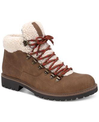 Sun + Stone Mens Glenn Faux Leather Fleece Trimmed Lace-Up Boots