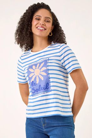 Roman Motif Stripe Print Cotton T-Shirt