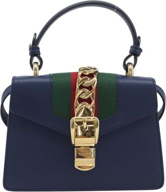 Gucci Sylvie Top Handle Leather Navy Leather Handbag (Pre-Owned)