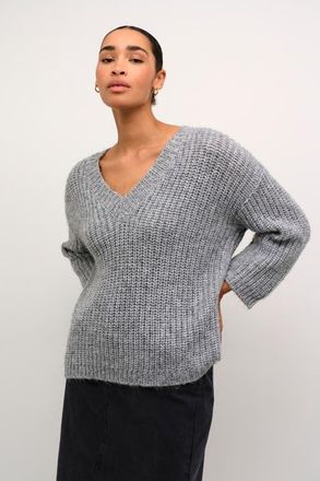 Kaffe Kavinda V-Neck 3/4 Sleeves Pullover in Grey Silver Metallic at Nordstrom, Size X-Large