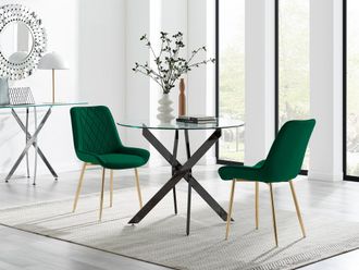 Furniturebox Novara 100cm Round Black Leg Dining Table & 2 Pesaro Gold Leg Chairs in Green