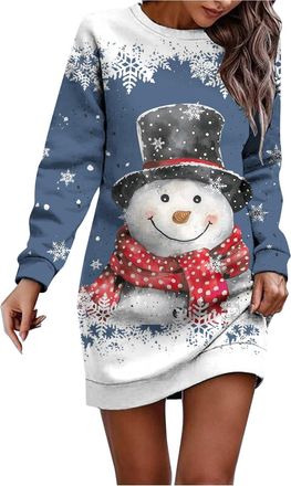 Generic Christmas Dresses for Women Ladies Christmas Jumper Xmas Sweater Dress Long Sleeve Sweater Dress Pullover Round Neck Santa Reindeer Snowflake Xmas Tre