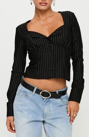 Princess Polly Set for Life Foldover Neck Crop Top in Black White Pinstripe at Nordstrom, Size 6