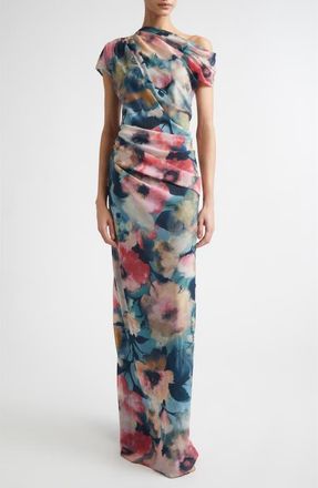 Lela Rose Abstract Floral Draped Asymmetric One-Shoulder Chiffon Gown in Mist Multi at Nordstrom, Size 14