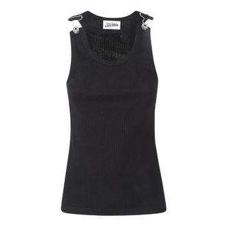 Jean Paul Gaultier Sleeveless Tops, female, Black, Size: S Overall Buckles Ribbed Tank Top