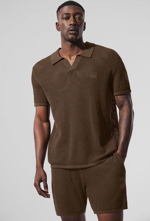 Alo | Open-Knit Polo Shorts Short Sleeves Top in Espresso Brown, Size: Large