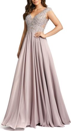 Mac Duggal Womens Floral Appliqu&eacute; Cap Sleeve A-Line Gown in Vintage Lilac at Nordstrom, Size 14