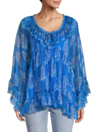 Johnny Was Gal Ruffle Tie Blouse In Blue