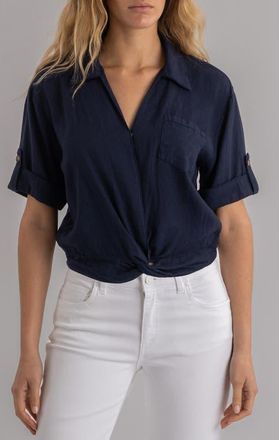 Kut from the Kloth Rebel Knot Front Linen Blend Top in Navy at Nordstrom, Size X-Large