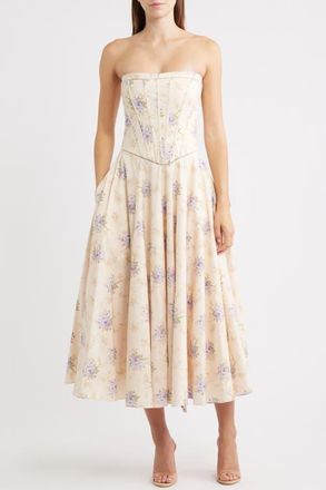 House of CB Gina Floral Corset Stretch Cotton Dress in Ivory Sweet Peony at Nordstrom, Size X-Small