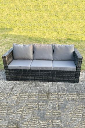 Fimous 3 Seater Rattan Lounge Sofa Thick Cushion in Dark Grey