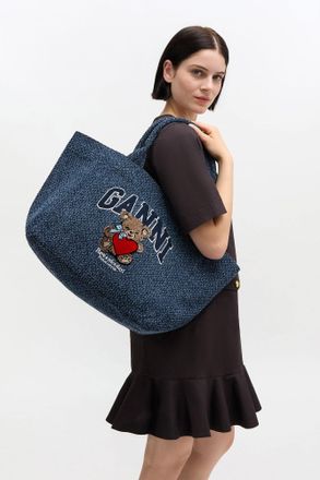 Ganni Navy Denim Medium Bear Tote