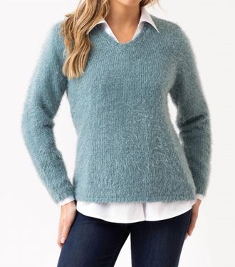 Marble Scotland Fuzzy Removable Neck Sweater In Seafoam