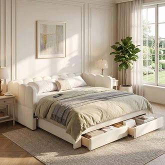 Merax 3FT Beige Linen Extendable Daybed with 2 Storage Drawers & USB Ports | Size: Single