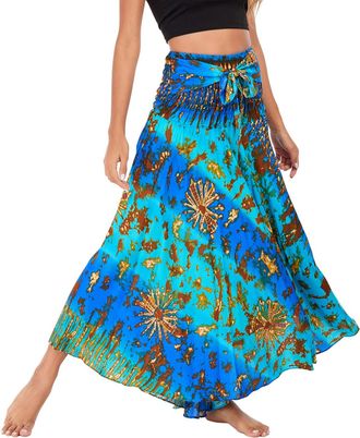 Feoya Women Boho Long Maxi Skirts Belly Dancing Dresses Boho Clothing for Women Happie Skirts Dress 2 in 1 Floral Printed Skirt Dress Bohemian Style Green 5