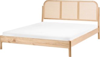 Beliani Cama De Madera Estilo Retro Cabecero Rat&aacute;n Sint&eacute;tico 160 X 200 Cm Somier De Listones Marr&oacute;n Claro Archail