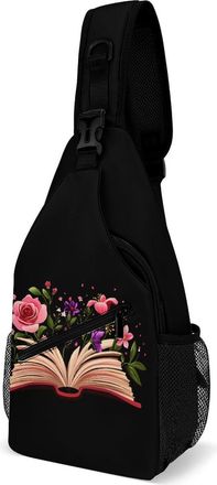 Generic Book Flowers Read Unisex Shoulder Bags Casual Crossbody Chest Bag Sling Backpack for Hiking Cycling Travel
