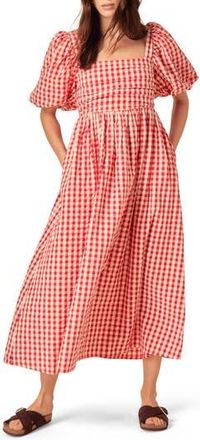 Nobody's Child Nova Gingham Puff Sleeve Linen Blend Midi Dress in Red at Nordstrom Rack, Size 10