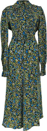 Victoria Beckham Floral-Print Frill Bib-Front Midi Dress in Multicolor Silk