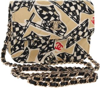 Chanel Flap Card Holder On Chain Quilted Printed Canvas Beige Satin Bag (Pre-Owned)