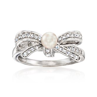 Ross-Simons 4-4.5mm Cultured Pearl and. Diamond Bow Ring in Sterling Silver