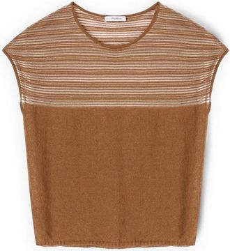 Motivi Gestreept linnenmix tricot - Dames - Ronde hals truien - Bruin - M - Linnen - Truien & Vesten
