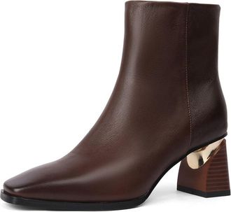 TinaCus Womens Square Toe Genuine Leather Handmade Mid Chunky Heels Back Zip Up Ankle Boots, Brown, 8 UK