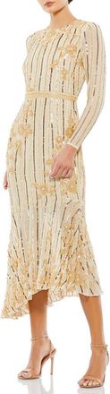 Mac Duggal Hand Embellished Asymmetrical Long Sleeve Midi Dress in Nude Gold at Nordstrom, Size 16