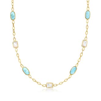 Ross-Simons Mother-Of-Pearl and Larimar Station Necklace in 18kt Gold Over Sterling