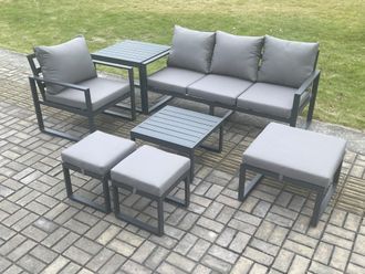 Fimous Aluminium Outdoor Garden Furniture Set Lounge Sofa Chair Square Coffee Table Sets with Side Table 3 Footstools Conservatory Set