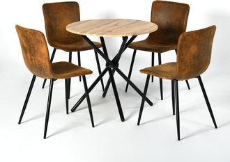 Urban Meuble Conjunto de mesa redonda efecto madera y 4 sillas en color marrón