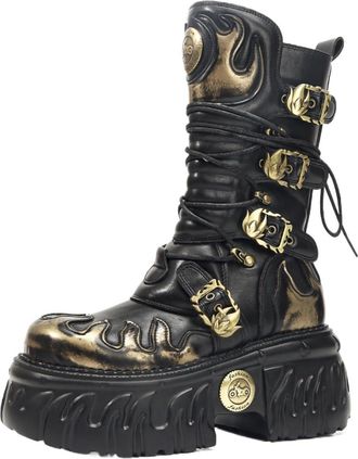 Generic Matte Dark Punk Metal Tank With Thick Bottom And Side Zipper, Gothic Style Boots, Womens Spicy Design Sense(Black Gold,US10)