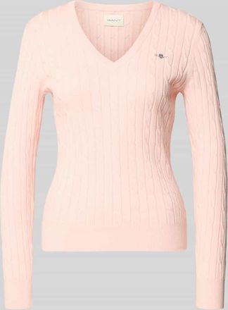 GANT Strickpullover mit Zopfmuster und Label-Stitching in Rosa, Größe XXL