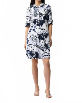 Joseph Ribkoff Stretch Poplin Conversational Print Shift Dress In Vanilla Ice With Blue