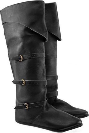 Generic Mens Round Toe PU Leather Pirate Boots Pull on Medieval Boot with Buckle Flat Heel Steampunk Boots,Black,7.5 UK