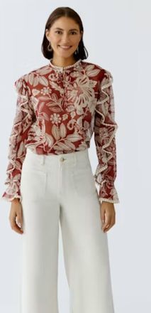 Oui Ruffle Print Blouse In Red White