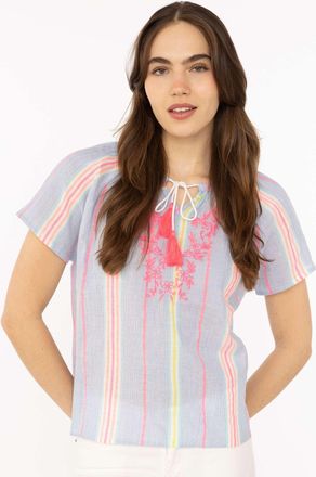 Zwillingsherz Kurzarmbluse ZWILLINGSHERZ Summer Stripes, Damen, Gr. L/XL, blau, Obermaterial: 100% Baumwolle, Blusen Kurzarmbluse, Streifen, Tunnelzug und Tasseln, 