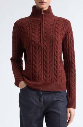 Max Mara Libero Cable Knit Cashmere Quarter Zip Sweater in Rust at Nordstrom, Size X-Small