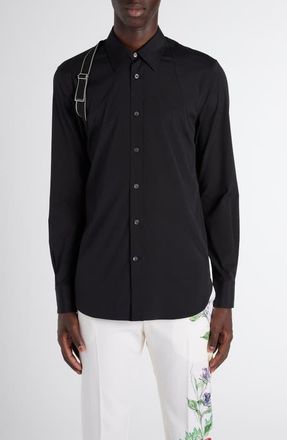 Alexander McQueen Logo Tape Harness Stretch Cotton Button-Up Shirt in Black Silver at Nordstrom, Size 16.5