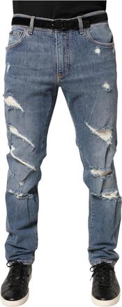 Dolce & Gabbana Tattered Slim-Fit Denim Jeans - Heren - Slim Fit Jeans - Blauw - 3XL - Denim - Jeans