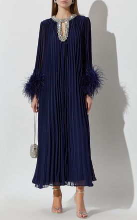 Self Portrait Pleated Dress With Shimmering Crystals, Womens, Navy Blue