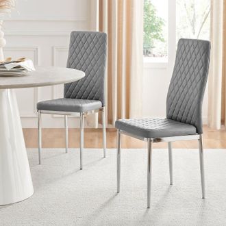 Furniturebox Set of 6 Milan High Back Soft Touch Diamond Pattern Faux Leather Dining Chairs With Silver Chrome Metal Legs in Grey