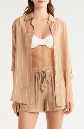 Elan Stripe Oversize Cotton Button-Up Cover-Up Shirt in Tan at Nordstrom, Size X-Small