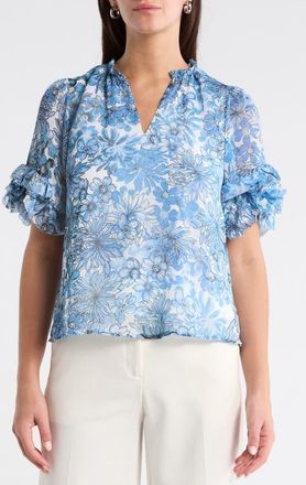 Sugarlips Tierra Floral Ruffle Trim Top in Blues at Nordstrom, Size X-Small