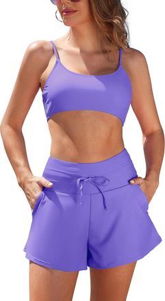 SHEKINI Two Piece Swim Suits for Women Bikini Set with 2 Pockets High Waisted Drawstring Swim Shorts Push Up Bandeau Adjustable Tummy Control Vintage Beach Sw