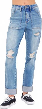 Judy Blue High Rise Patch Pocket Distressed Cuffed Boyfriend Jeans In Blue