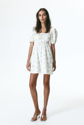 H&M Puff-sleeved Poplin Dress in Cream/floral at Nordstrom, Size X-Small
