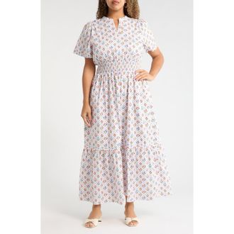 Sugarlips Lara Floral Belraj Poplin Maxi Dress in White-Multi at Nordstrom, Size 1X