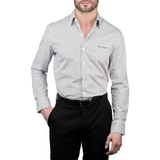 Karl Lagerfeld Trim Fit Pinstripe Cotton Dress Shirt in Black at Nordstrom Rack, Size 15.5